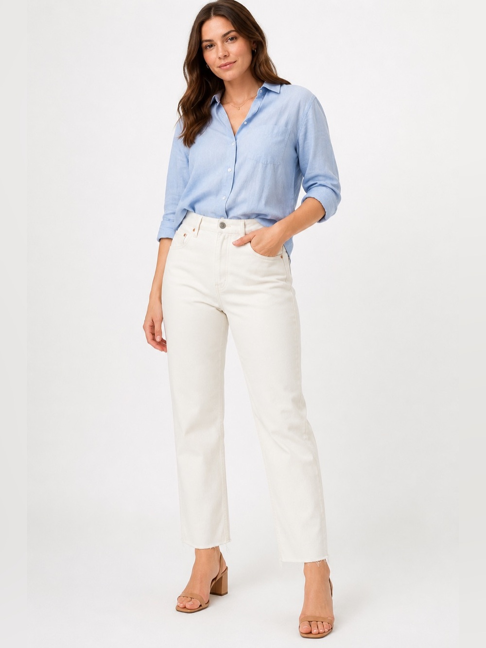 NWT GAP Curvy Cheeky Straight Jeans White Denim High Rise 14/32 Raw Hem